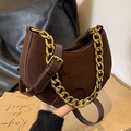 Dark brown suede saddle bag with a chunky gold chain strap and adjustable leather belt - Coffee