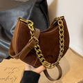 Retro dark brown suede saddle bag with a chunky gold chain strap for women - Brown
