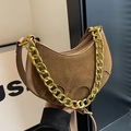 Brown frosted suede saddle bag with gold chunky chain strap and long leather strap - Khaki