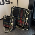Set de sacs cabas en tweed à carreaux avec chaîne dorée et boule en métal ajustable - Plaid Bleu Grand