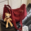 Burgundy corduroy crossbody bag with adjustable gold buckle and beige bear charm - Red with Pendant