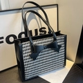 Große Shopper-Tasche mit Hahnentrittmuster, schwarzer Schleife und Kunstleder-Trägern - Schwarz