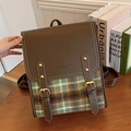 Zaino vintage in pelle marrone con tessuto a quadri verdi e fibbie dorate - Verde