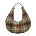 Schicke karierte Tweed-Hobo-Tasche mit braunem Lederbesatz und goldenen Beschlägen - Dunkelkhaki