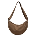 Coffee brown crescent shoulder bag with adjustable wide strap and nylon texture - Khaki