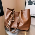 Brown leather tote bag with chain strap and cute rabbit pendant for women - With Pendant / Brown