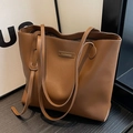 Minimalist caramel brown tote bag in smooth faux leather with long shoulder straps - Coffee