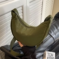 Army green nylon crescent crossbody bag with adjustable wide strap and zip closure - Green