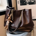 Dark brown large capacity tote bag with gold chain strap and a cute rabbit charm - With Pendant / Brown