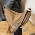 Brown nylon crescent crossbody bag with adjustable wide strap in casual Korean style - Khaki