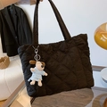 Black quilted nylon tote bag with rhombus pattern and cute plush puppy charm - With Pendant / Black
