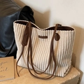 Beige corduroy tote bag with brown leather straps and vintage style logo patch - Off-white