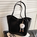 Black large capacity tote bag with smooth texture and cute white plush ball pendant - Black With Pendant