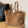 Brown corduroy tote bag for women with leather straps and minimalist fashion label - Khaki