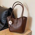 Dark brown large tote bag in matte faux leather with a white plush charm pendant - Brown with Pendant