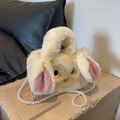 Borsa a coniglio in peluche giallo con orecchie rosa e tracolla di perle elegante - Bianco Sporco