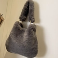 Gray faux fur hobo shoulder bag featuring plush texture and gold metal ring connectors - Dark Brown