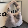 Fuzzy grey faux fur tote bag with gold metal ring handles for winter fashion style - Gray