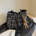 Large black and white tweed tote bag with leather chain handle and cute bunny charm - With Charm / Black