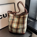 Vintage checkered tweed bucket bag with dark brown leather trim and knotted cord handles - Green Plaid