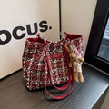 Red and black tweed tote bag with faux leather trim and cute rabbit pendant - With Charm / Red