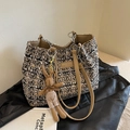 Retro mixed tweed tote bag in brown and white with leather handles and cute bunny charm - With Charm / Khaki