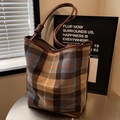 Plaid wool tote bag with brown leather straps and knot detail in vintage bucket style - Blue Plaid