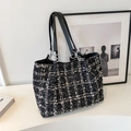 Elegant black and white tweed tote bag with leather handles and silver chain detail - No Pendant / Black