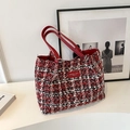 Red and white tweed tote bag with leather straps and large capacity for daily commute - No Pendant / Red