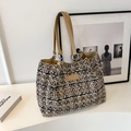 Chic black and white tweed tote bag with leather straps and logo patch for daily commute - No Pendant / Khaki