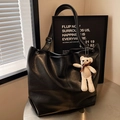 Black large tote bag in glossy PU leather with a cute knitted bear charm on shoulder strap - Black (With Pendant)