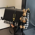 Classic black and white houndstooth tote bag with leather strap and cute rabbit pendant - Black Diamond Check With Pendant