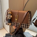 Brown leather and houndstooth tote bag with a cute knit bunny charm pendant - Brown Diamond Check With Pendant