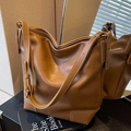 Brown leather hobo bag with contrast white stitching and adjustable strap - Brown