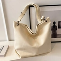 Minimalist beige leather tote bag with wide strap and silver metal hardware details - Off-white (No Pendant)