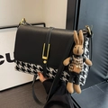 Black and houndstooth crossbody tote bag with golden lock and cute rabbit charm - Black Houndstooth With Pendant