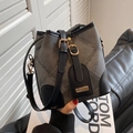 Fashionable dark gray denim and black leather bucket bag with cross-stitch design - Black
