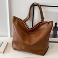 Retro brown faux leather tote bag with lychee texture and adjustable shoulder strap - Brown (Without Pendant)