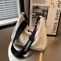 Minimalist large white canvas tote bag with black FASHION letter strap and drawstring detail - White
