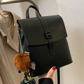 Classic black PU leather backpack with vintage flap and decorative plush keychain - Black With Pendant