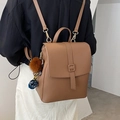 Vintage brown leather backpack with flap cover and plush ball pendant for women - Black without Pendant