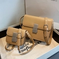 Apricot faux leather crossbody square bags in two sizes with metallic buckle - Large Khaki