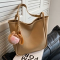 Large khaki PU leather tote bag with a pink plush bear charm and adjustable shoulder strap - With Charm / Khaki
