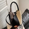 Contrast bucket bag in black and white lychee leather with silk scarf handle - Black and White