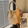 Contrast color bucket bag in beige and brown lychee leather with silk scarf handle - Beige and Brown Contrast