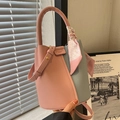 Pink and grey bucket bag in pebbled leather with a decorative silk scarf handle - Pink and Blue
