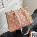 Pink and white checkered tote bag with beige leather handles for summer fashion - White and Pink