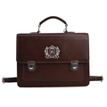 Vintage dark brown leather briefcase backpack with silver crest embroidery for students - Large Size Brown