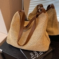 Beige woven straw tote bag with brown leather handles and large capacity design - Brown