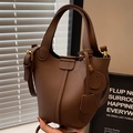 Brown lychee leather bucket bag with top handle and golden hardware for women - Coffee